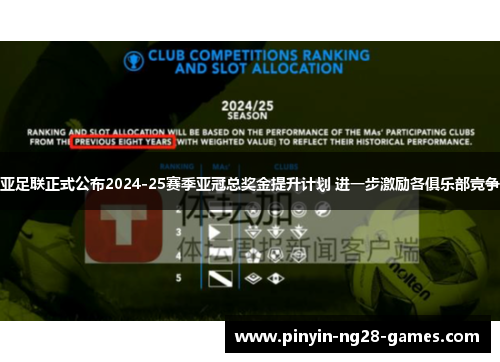 亚足联正式公布2024-25赛季亚冠总奖金提升计划 进一步激励各俱乐部竞争 亚足联正式公布2024-25赛季亚冠总奖金提升计划 进一步激励各俱乐部竞争