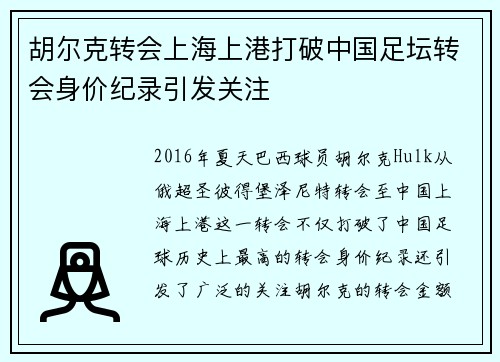 胡尔克转会上海上港打破中国足坛转会身价纪录引发关注 胡尔克转会上海上港打破中国足坛转会身价纪录引发关注